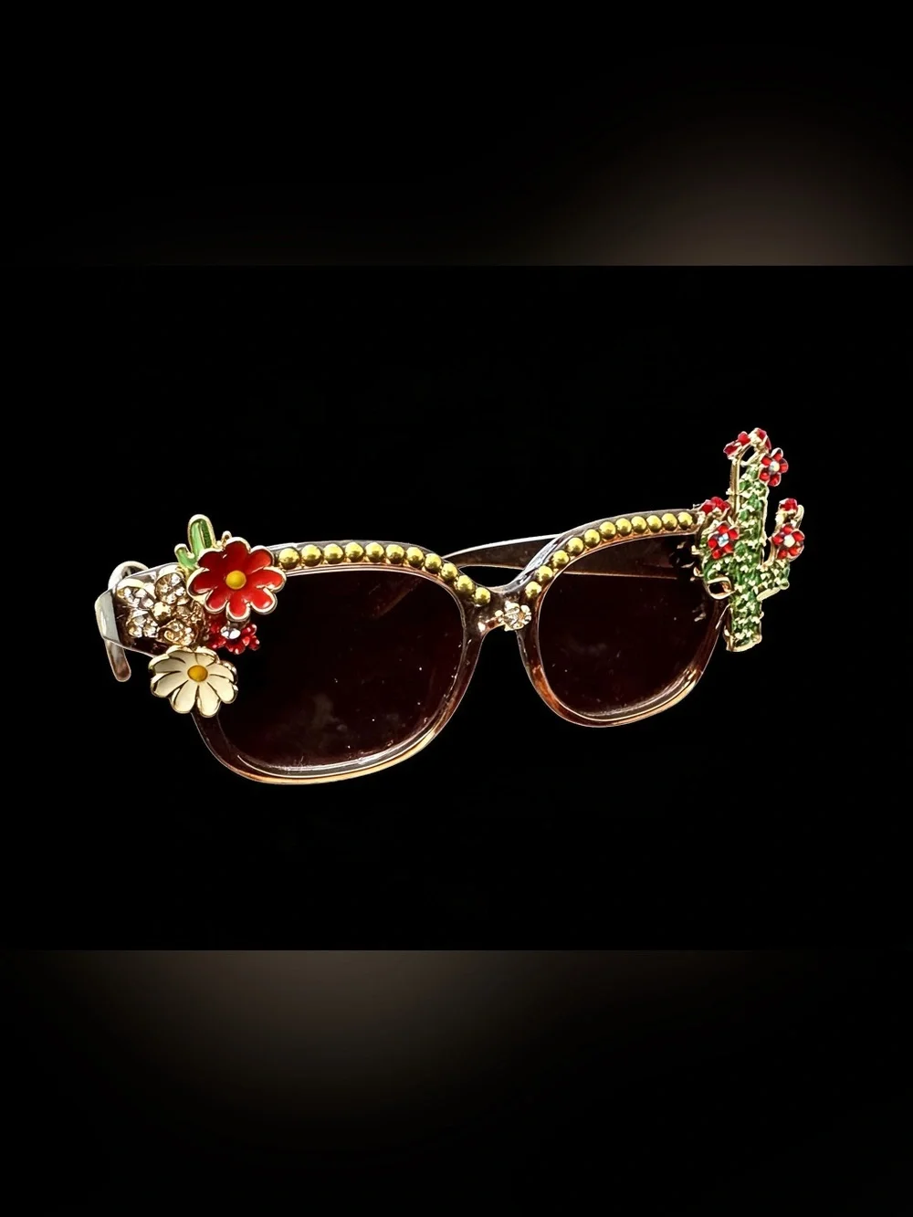 Embellished Flower & Cactus Oversized Sunglasses - Brown‎ Gradient Lenses